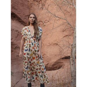 Perle Mer Butterfly Organic Cotton Silk Short Sleeve Midi Dress Womens Size XS/S